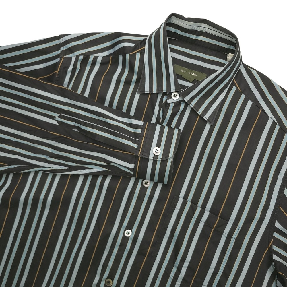 Ermenegildo Zegna Dress Shirt Mens M Black Stripe Regular Fit Cotton Long Sleeve